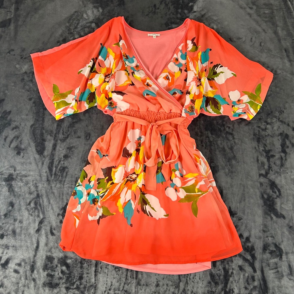 HALO Floral Mini Dress Womens Medium Coral Pink V-Neck Short Sleeve Belted